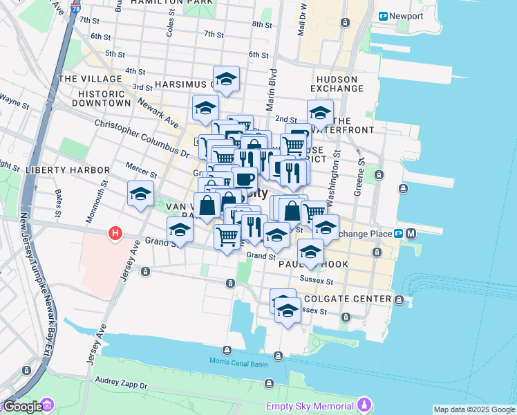 map of restaurants, bars, coffee shops, grocery stores, and more near 201 Montgomery Street in Jersey City