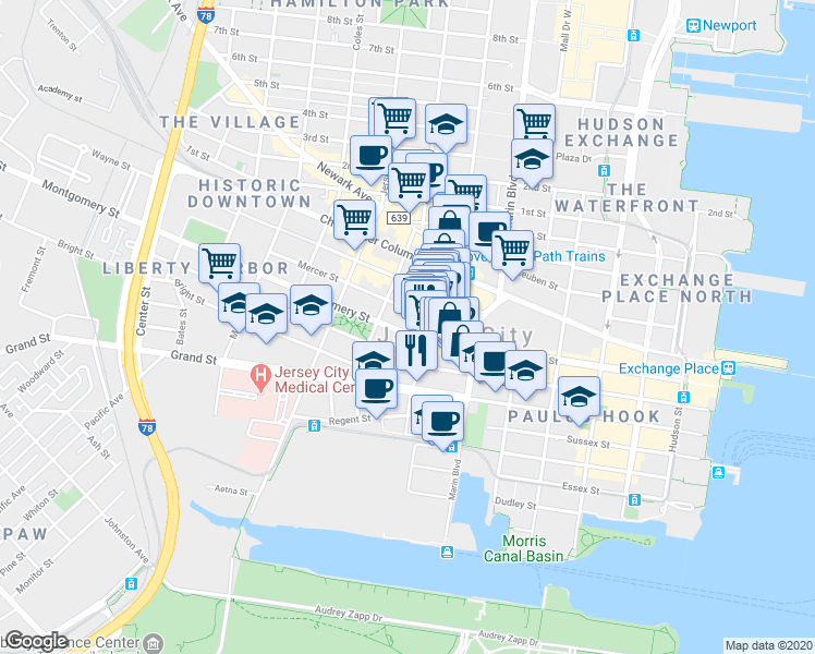 map of restaurants, bars, coffee shops, grocery stores, and more near 215 Montgomery Street in Jersey City