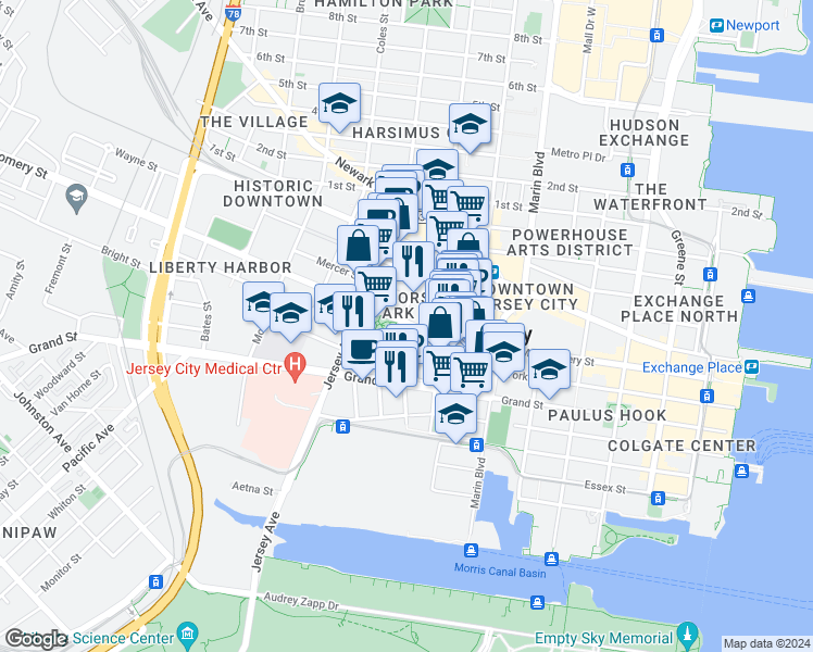 map of restaurants, bars, coffee shops, grocery stores, and more near 258 Barrow Street in Jersey City