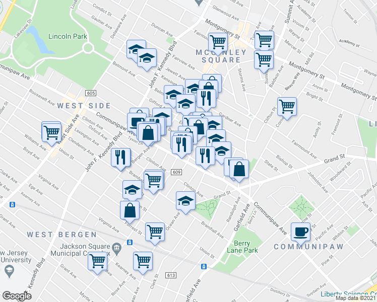 map of restaurants, bars, coffee shops, grocery stores, and more near 598 Communipaw Avenue in Jersey City
