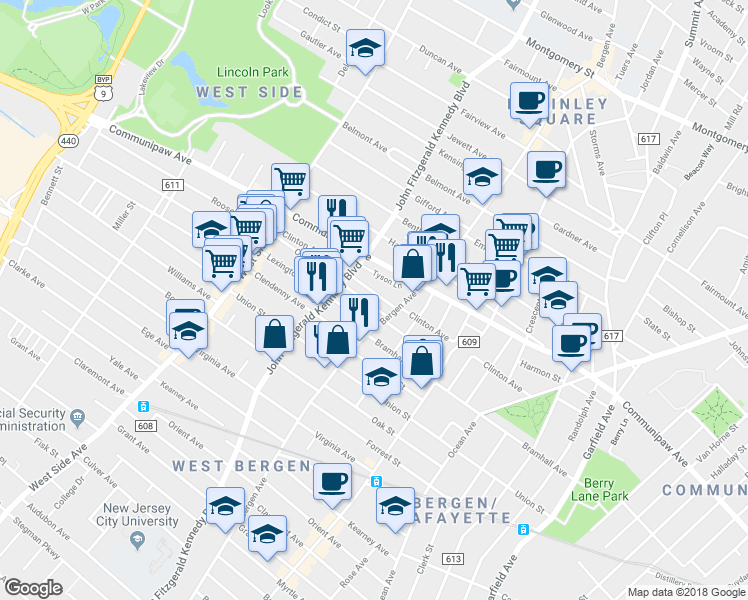 map of restaurants, bars, coffee shops, grocery stores, and more near 467 Bergen Avenue in Jersey City