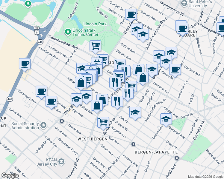map of restaurants, bars, coffee shops, grocery stores, and more near 2315 John F. Kennedy Boulevard in North Bergen