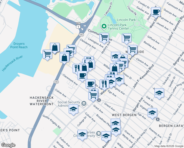 map of restaurants, bars, coffee shops, grocery stores, and more near 80 Clarke Avenue in Jersey City