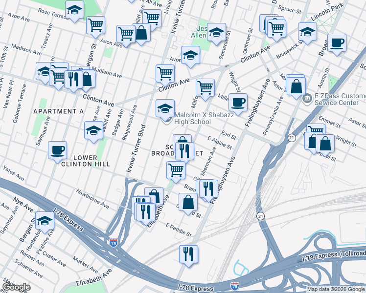 map of restaurants, bars, coffee shops, grocery stores, and more near 148 Milford Avenue in Newark