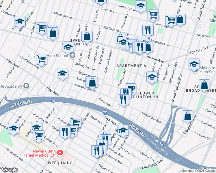 map of restaurants, bars, coffee shops, grocery stores, and more near 130 Hedden Terrace in Newark