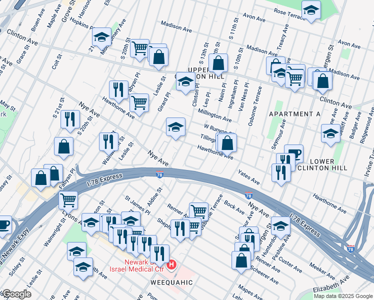 map of restaurants, bars, coffee shops, grocery stores, and more near 24 Patten Place in Newark