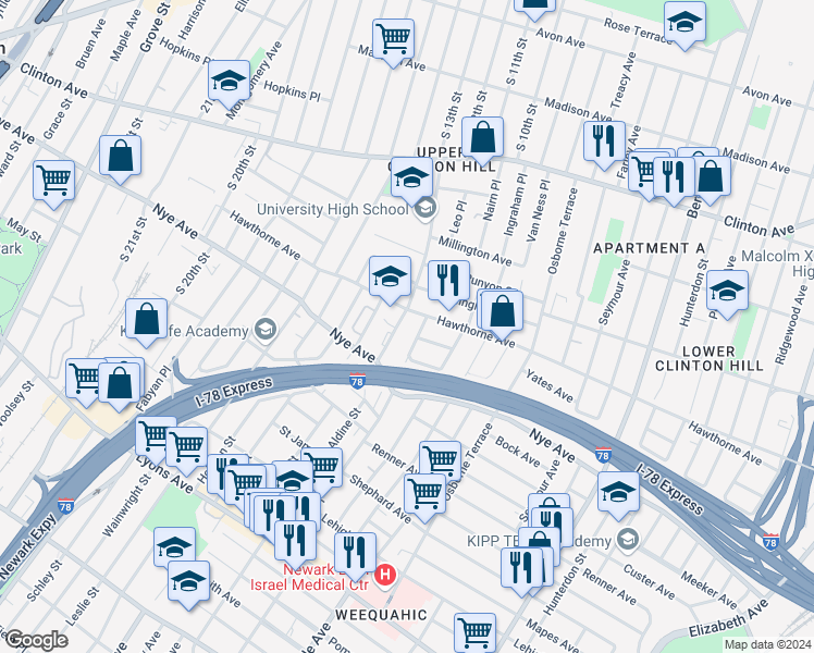 map of restaurants, bars, coffee shops, grocery stores, and more near 24 Patten Place in Newark