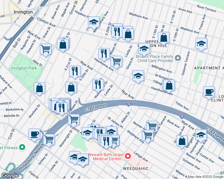 map of restaurants, bars, coffee shops, grocery stores, and more near 44 Hobson Street in Newark