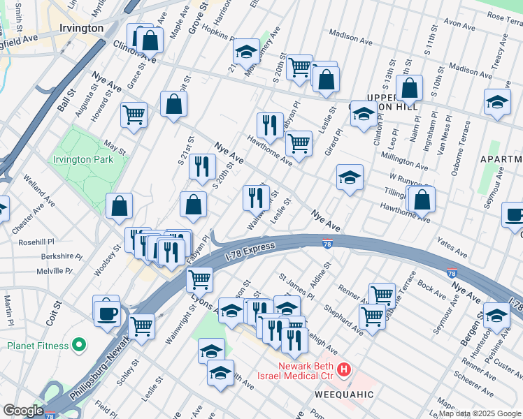 map of restaurants, bars, coffee shops, grocery stores, and more near 103 Bragaw Avenue in Newark