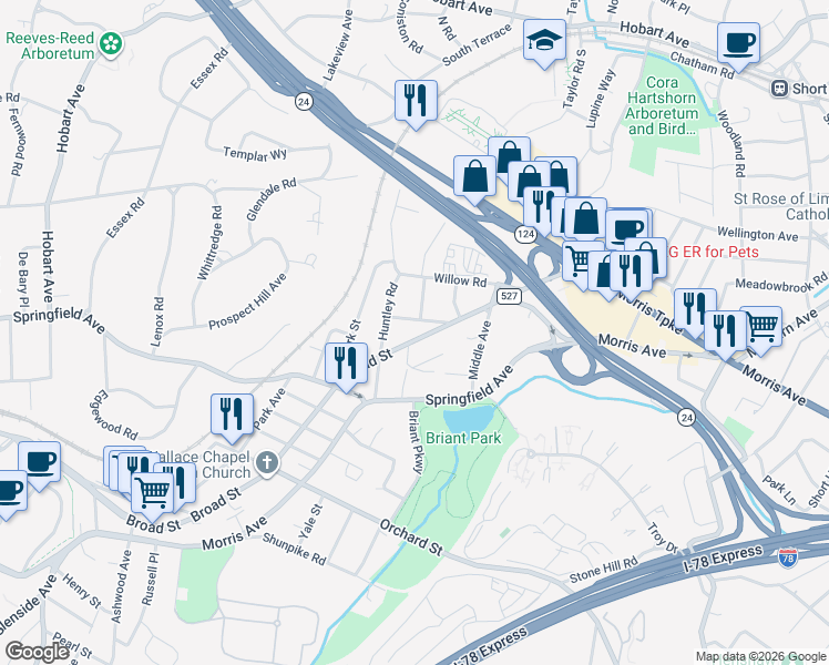map of restaurants, bars, coffee shops, grocery stores, and more near 72 Broad Street in Summit