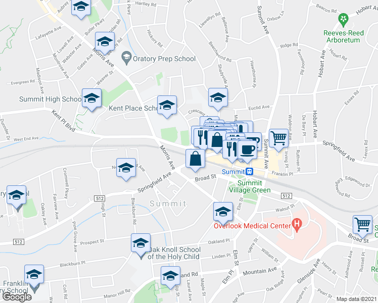 map of restaurants, bars, coffee shops, grocery stores, and more near 503 Springfield Avenue in Summit