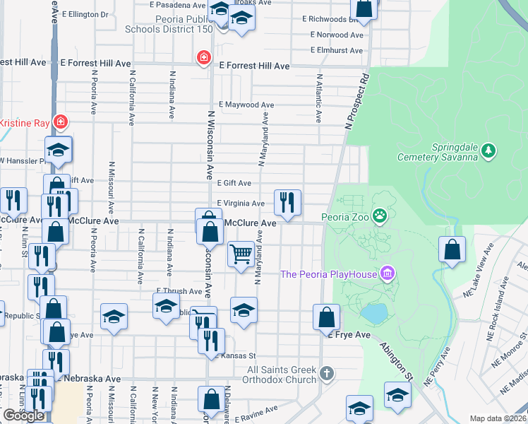 map of restaurants, bars, coffee shops, grocery stores, and more near 912 East McClure Avenue in Peoria