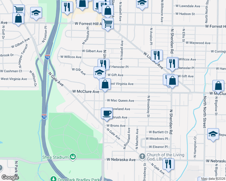 map of restaurants, bars, coffee shops, grocery stores, and more near 1202 West McClure Avenue in Peoria