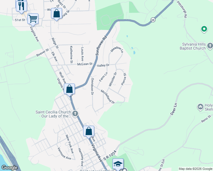 map of restaurants, bars, coffee shops, grocery stores, and more near 614 Whistler Drive in Rochester
