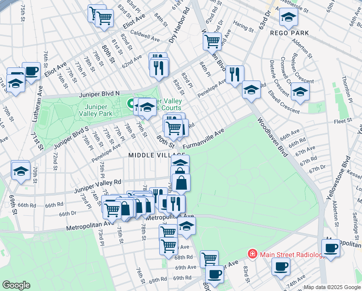 map of restaurants, bars, coffee shops, grocery stores, and more near 65-12 80th Street in Queens