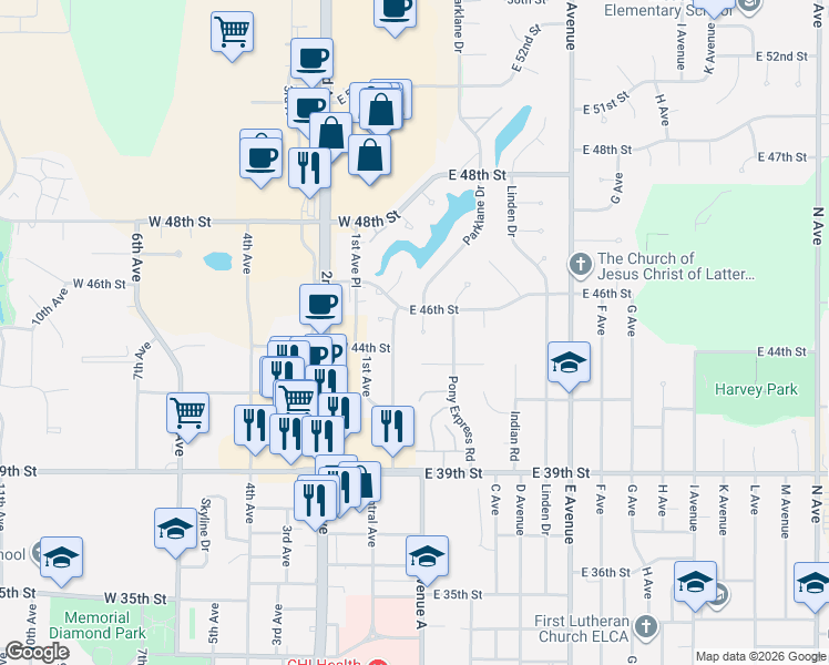 map of restaurants, bars, coffee shops, grocery stores, and more near 4147-4399 Central Ave in Kearney