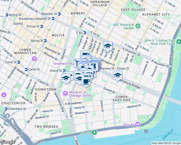 map of restaurants, bars, coffee shops, grocery stores, and more near 242 Broome Street in New York