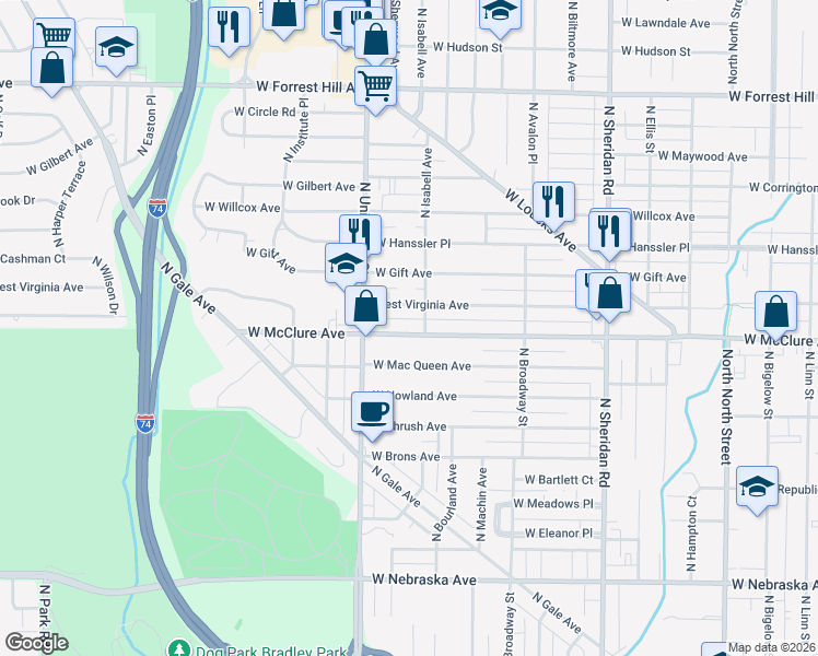 map of restaurants, bars, coffee shops, grocery stores, and more near 1125 West McClure Avenue in Peoria