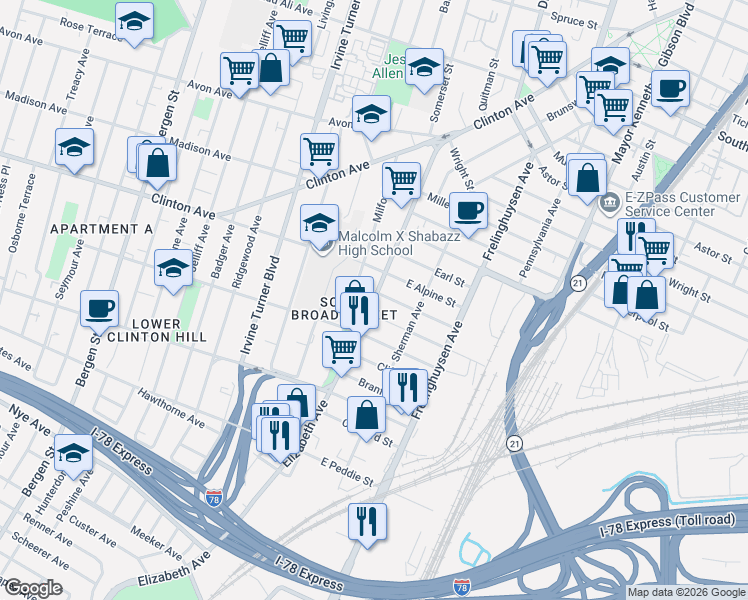 map of restaurants, bars, coffee shops, grocery stores, and more near 7 Stanton Street in Newark