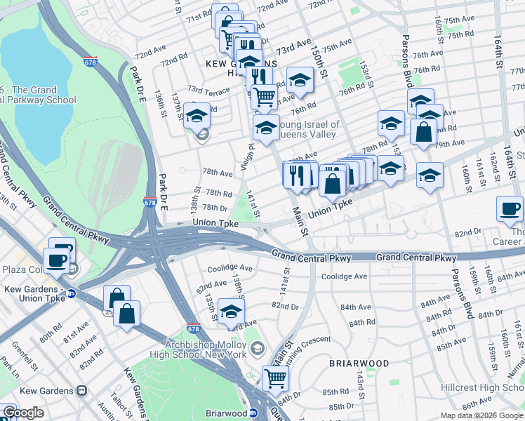 map of restaurants, bars, coffee shops, grocery stores, and more near 141-03 Union Turnpike in Queens