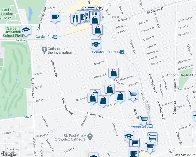 map of restaurants, bars, coffee shops, grocery stores, and more near 26 Hamilton Place in Garden City
