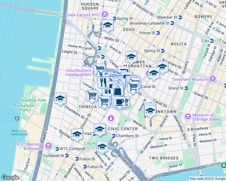 map of restaurants, bars, coffee shops, grocery stores, and more near 51-53 White Street in New York
