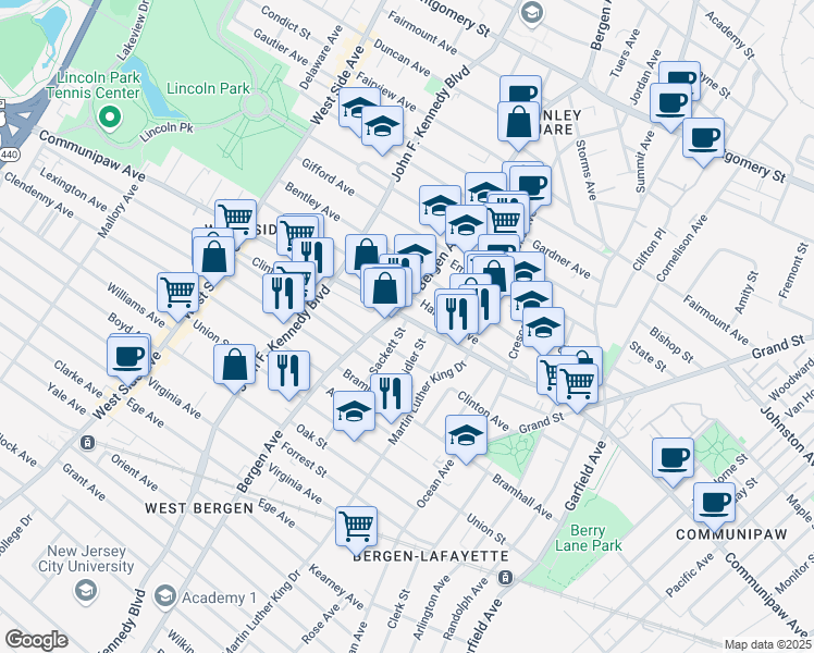 map of restaurants, bars, coffee shops, grocery stores, and more near 647 Communipaw Avenue in Jersey City