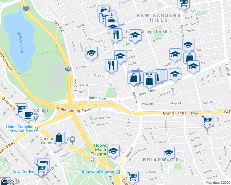map of restaurants, bars, coffee shops, grocery stores, and more near 141-03 Union Turnpike in Queens