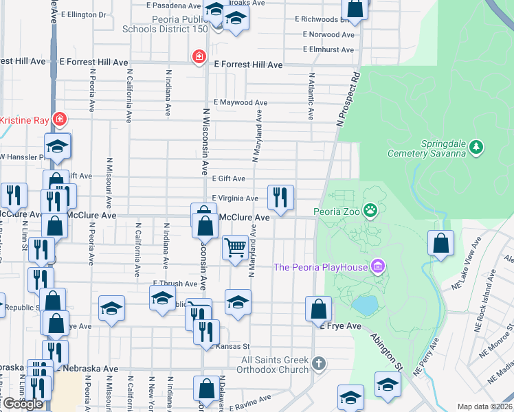 map of restaurants, bars, coffee shops, grocery stores, and more near 912 East McClure Avenue in Peoria