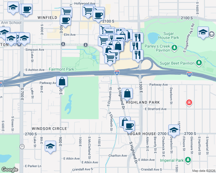 map of restaurants, bars, coffee shops, grocery stores, and more near 2418 South Elizabeth Street in Salt Lake City
