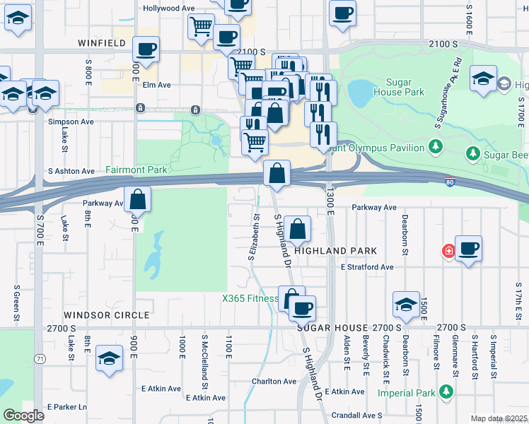 map of restaurants, bars, coffee shops, grocery stores, and more near 1168 East Parkway Avenue in Salt Lake City
