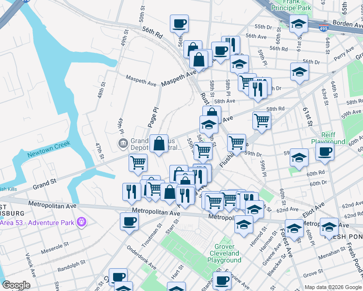 map of restaurants, bars, coffee shops, grocery stores, and more near 58-96 55th Street in Queens