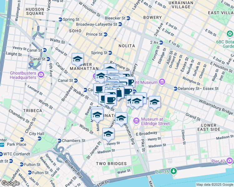 map of restaurants, bars, coffee shops, grocery stores, and more near 81 Elizabeth Street in New York