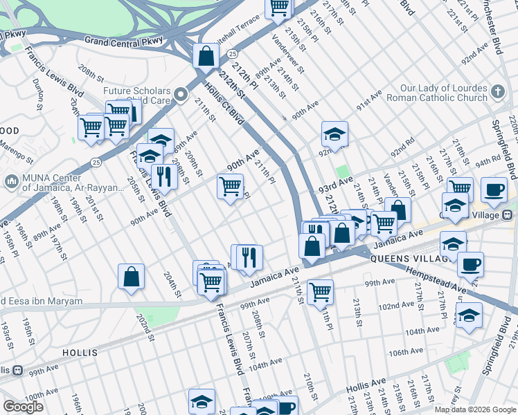 map of restaurants, bars, coffee shops, grocery stores, and more near 93-05 210th Street in Queens