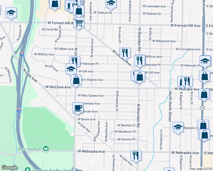 map of restaurants, bars, coffee shops, grocery stores, and more near 1005 West McClure Avenue in Peoria