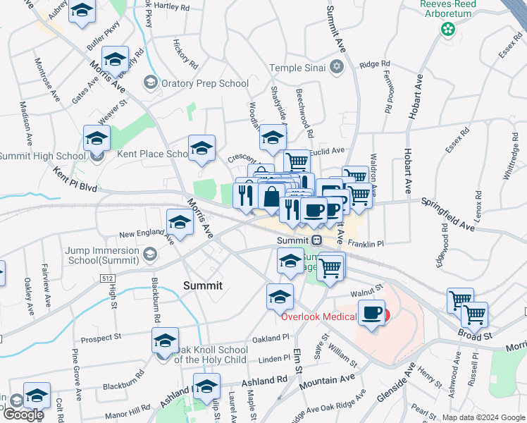 map of restaurants, bars, coffee shops, grocery stores, and more near 478 Springfield Avenue in Summit