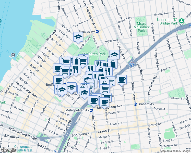 map of restaurants, bars, coffee shops, grocery stores, and more near 26 Richardson Street in Brooklyn