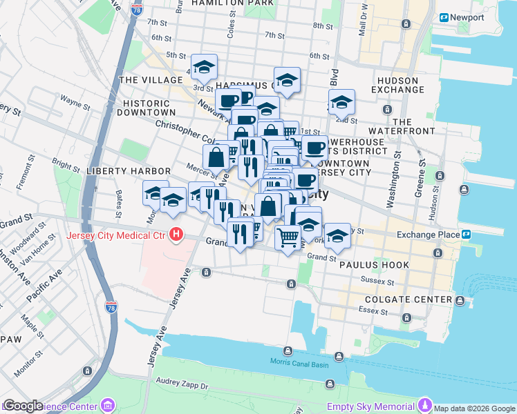 map of restaurants, bars, coffee shops, grocery stores, and more near 258 Barrow Street in Jersey City