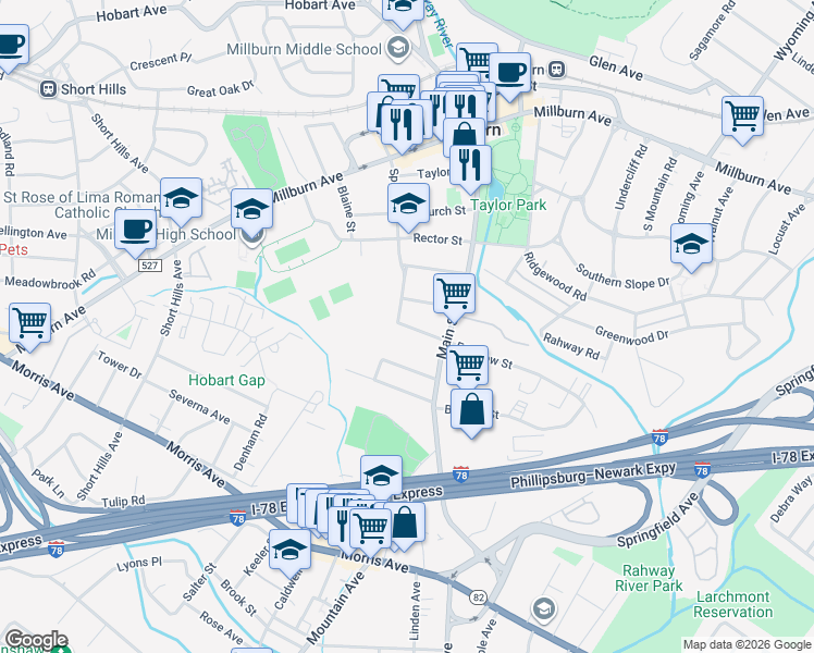 map of restaurants, bars, coffee shops, grocery stores, and more near 30 Willow Street in Millburn