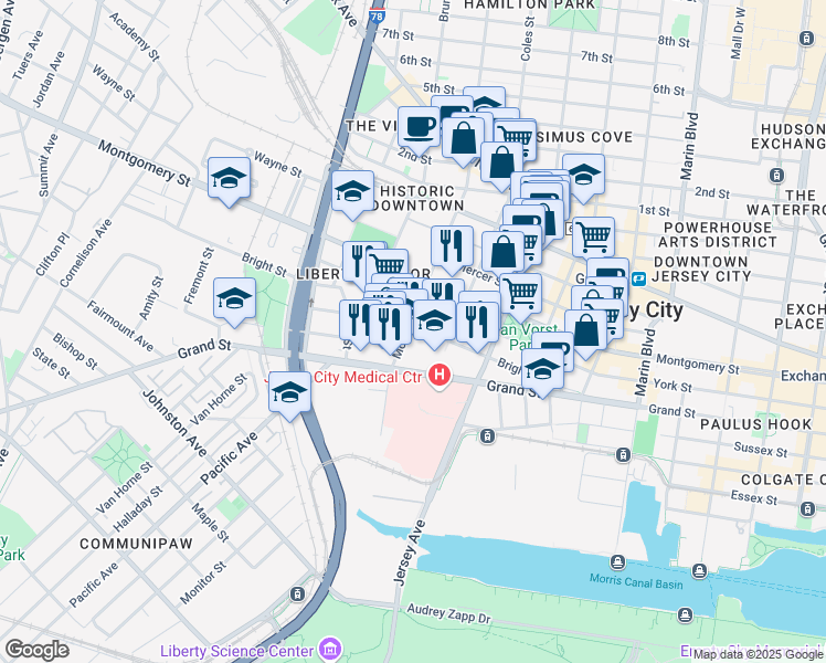 map of restaurants, bars, coffee shops, grocery stores, and more near 139 Bright Street in Jersey City