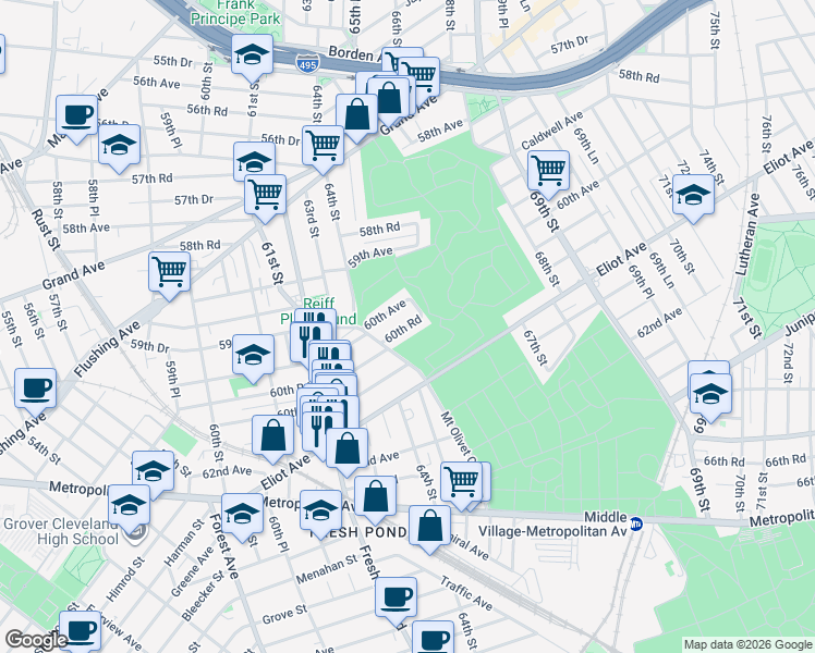 map of restaurants, bars, coffee shops, grocery stores, and more near 64-04 60th Road in Queens