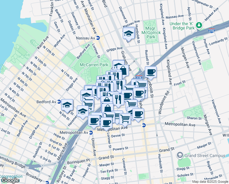 map of restaurants, bars, coffee shops, grocery stores, and more near 282 Meeker Avenue in Brooklyn