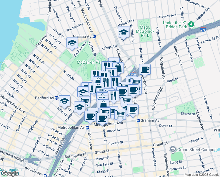 map of restaurants, bars, coffee shops, grocery stores, and more near 395 Leonard Street in Brooklyn