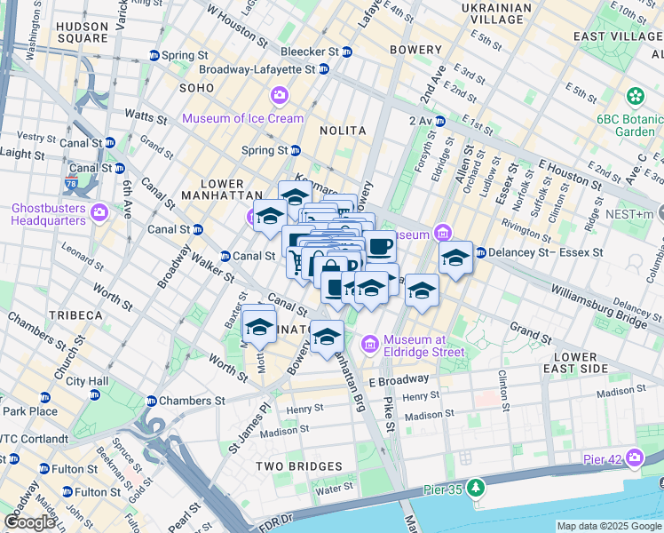 map of restaurants, bars, coffee shops, grocery stores, and more near 239 Grand Street in New York