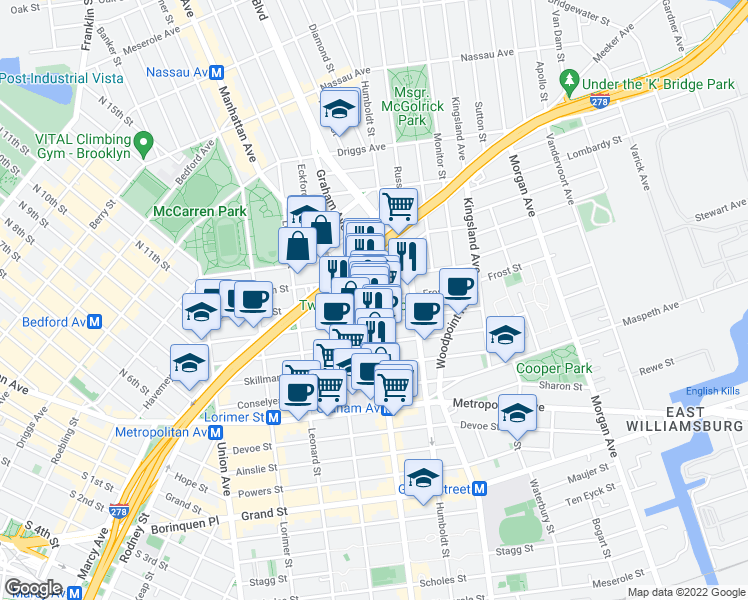 map of restaurants, bars, coffee shops, grocery stores, and more near Frost Street in Brooklyn