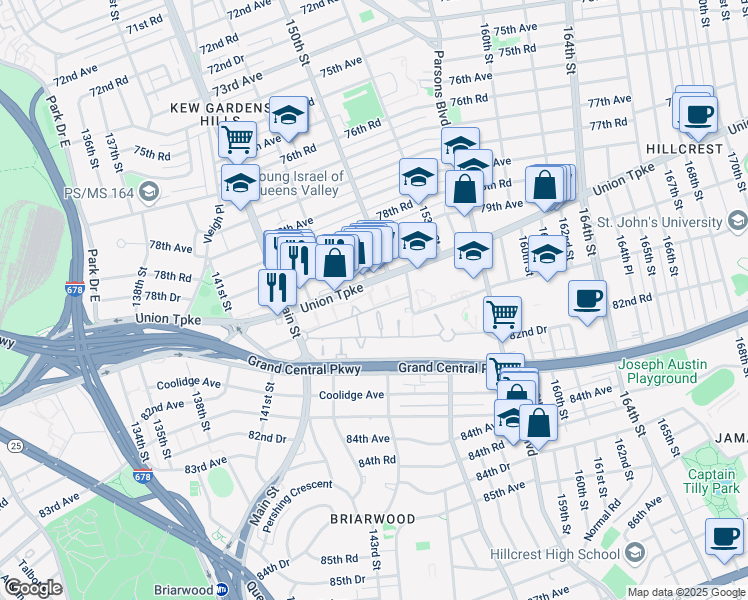 map of restaurants, bars, coffee shops, grocery stores, and more near 147-24 Charter Road in Queens