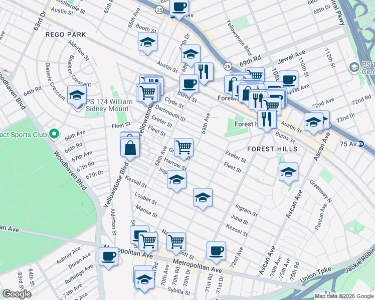 map of restaurants, bars, coffee shops, grocery stores, and more near 68-48 Groton Street in Queens