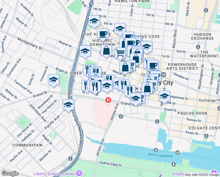 map of restaurants, bars, coffee shops, grocery stores, and more near 111 Bright Street in Jersey City