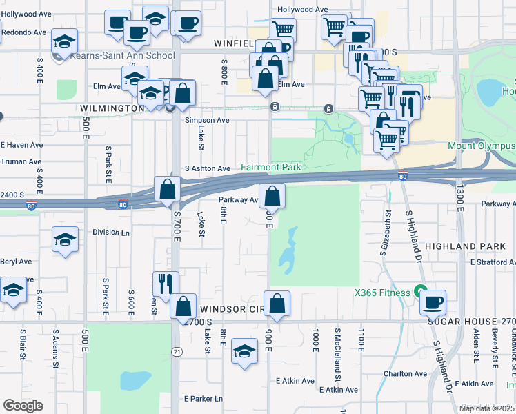 map of restaurants, bars, coffee shops, grocery stores, and more near 2446 900 East in Salt Lake City