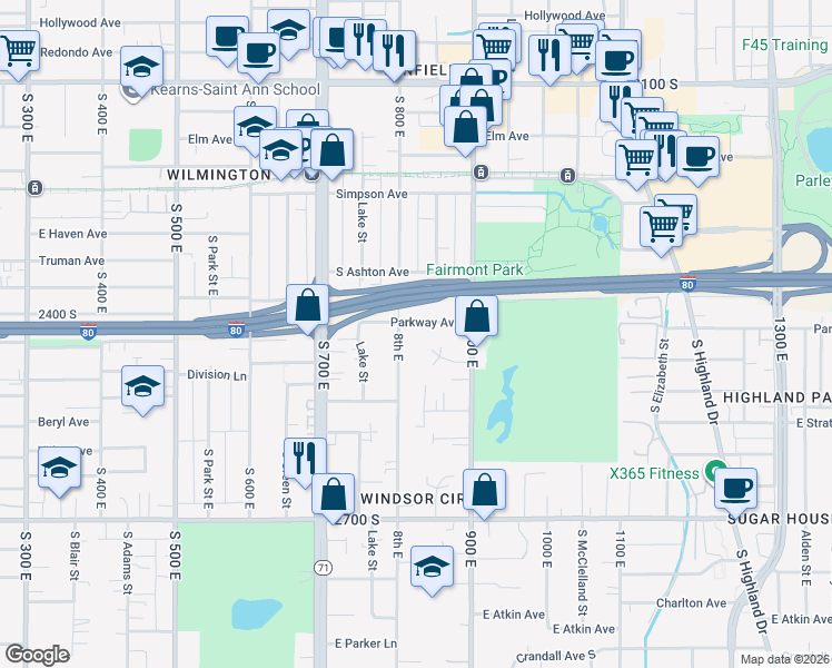 map of restaurants, bars, coffee shops, grocery stores, and more near 839 Fairmont Circle in Salt Lake City